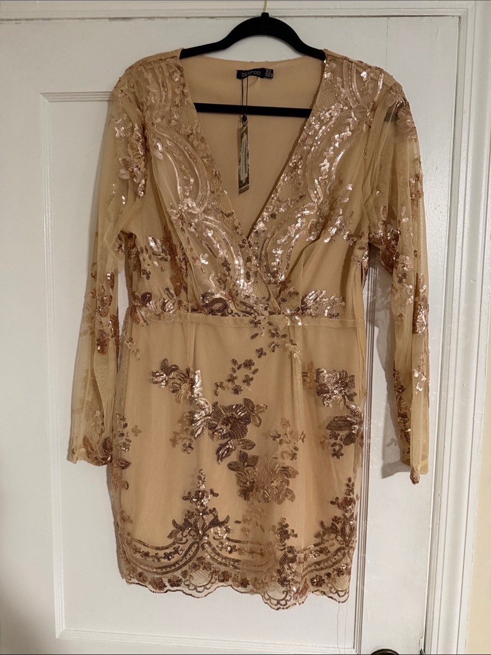 Boohoo Champagne Sequin Floral Mesh Mini Dress
